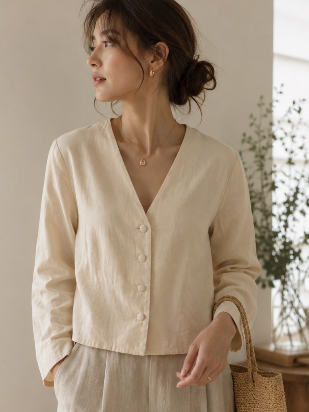 Japanese Minimalist Linen Blend Button Jacket Cream Cropped Cardigan S/M